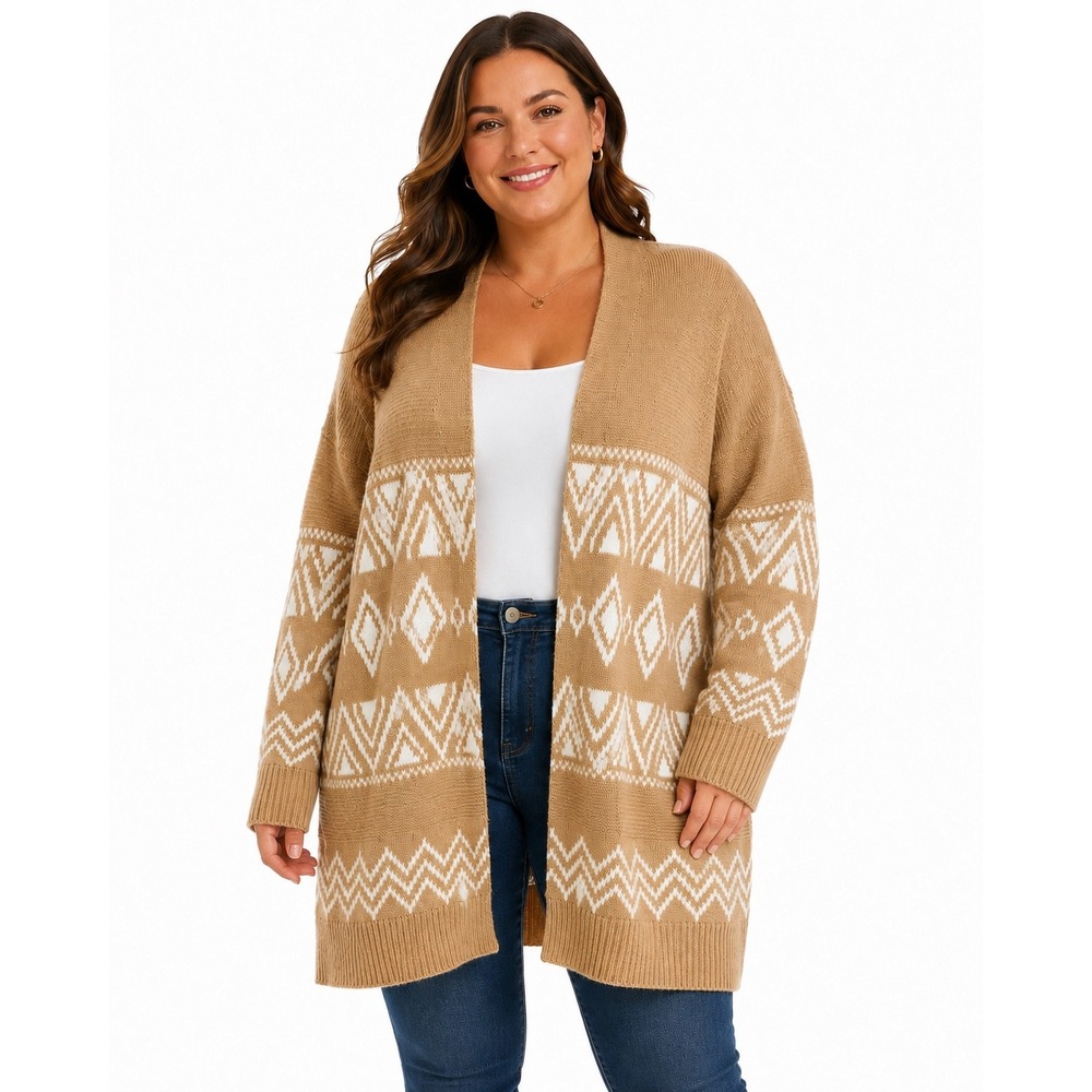 Berkley Jensen Womens XXL Tan White Geometric Fair Isle Open Front Cardigan